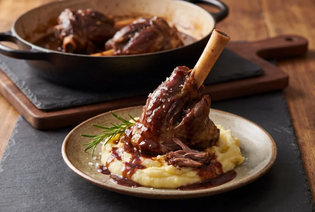 Slow-cooked lamb shank served over olive oil mash with red wine sauce