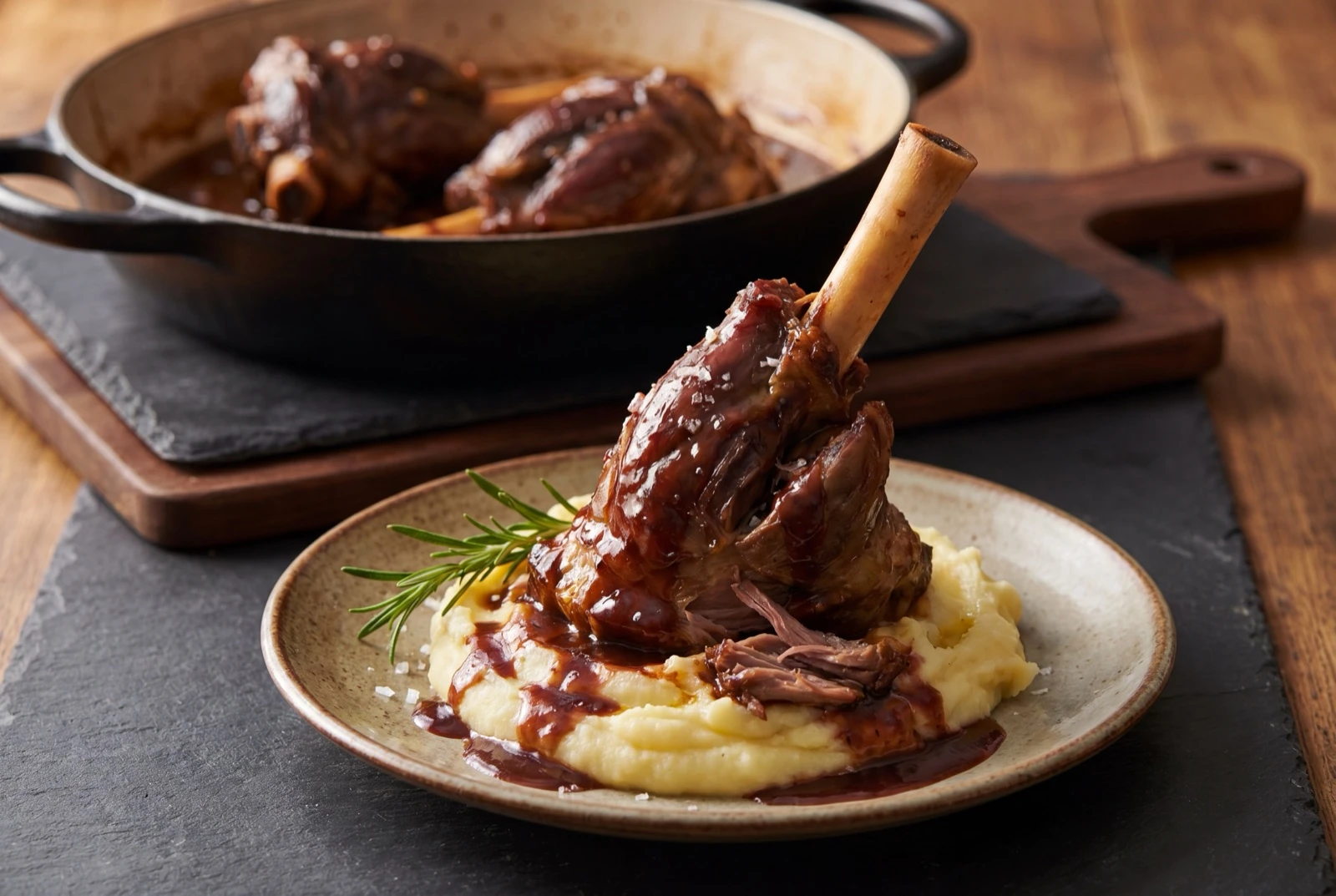 Slow-cooked lamb shank served over olive oil mash with red wine sauce