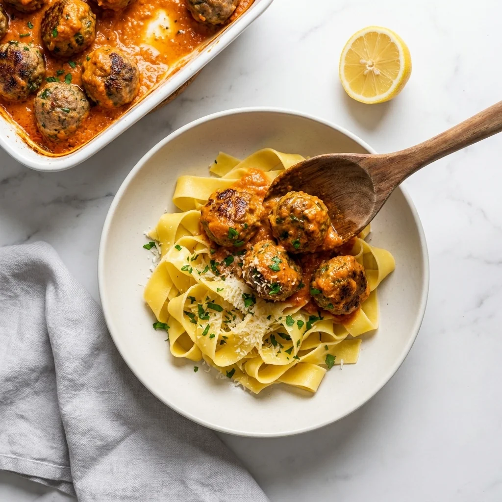 Meatballs in tomato sauce over pappardelle pasta
