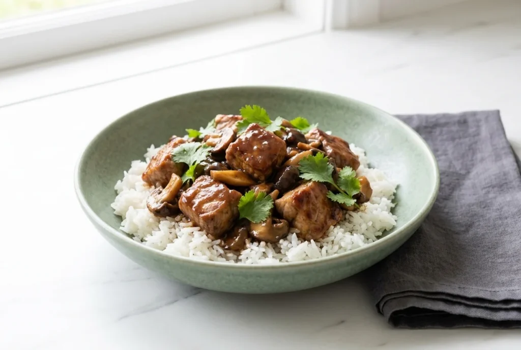 Beef and mushroom stew over white rice