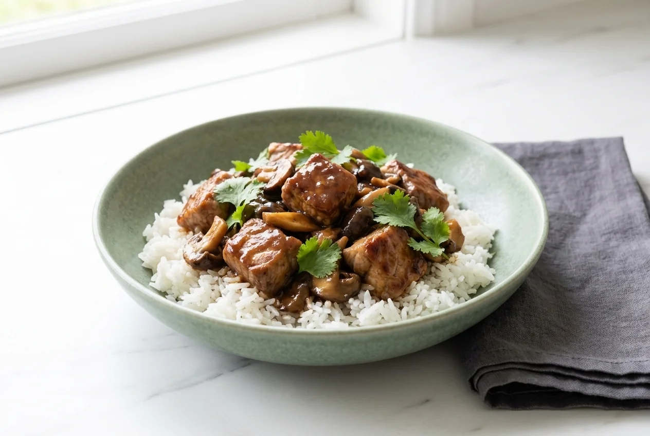 Beef and mushroom stew over white rice