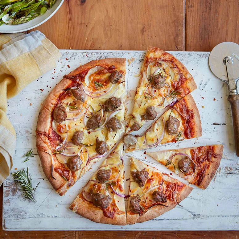 beef sausage potato and rosemary pizzas sq