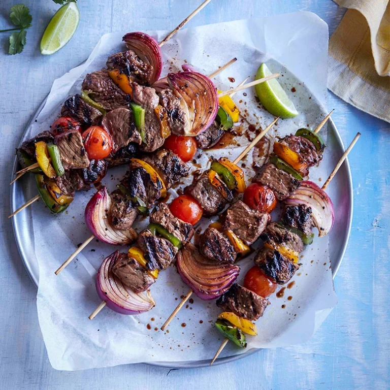 Black Pepper Beef Kebabs With Rice Noodle Salad