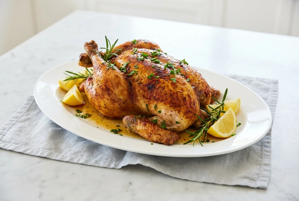 Golden roast chicken with lemon and rosemary