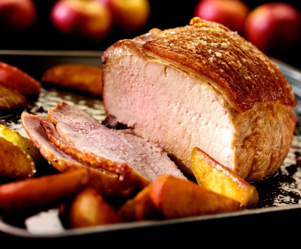 Roasted pork loin with crackling, roasted apples and sour cherry sauce
