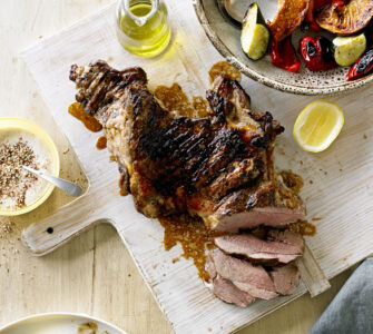 bbq lamb and roast vegetable salad with tahini and dukkah