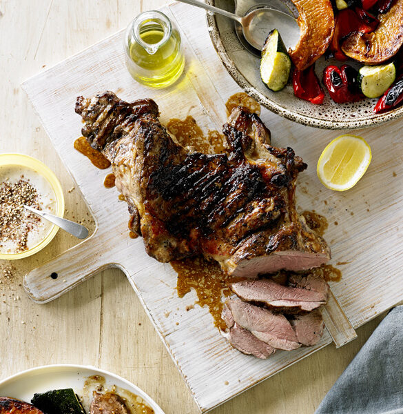 bbq lamb and roast vegetable salad with tahini and dukkah