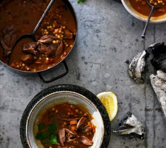 cinnamon spiced lamb soup with pearl cous cous