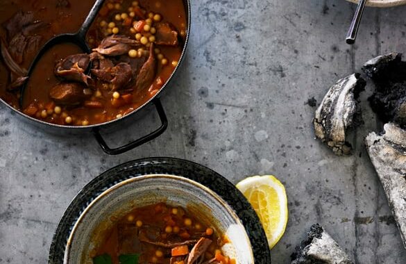 cinnamon spiced lamb soup with pearl cous cous