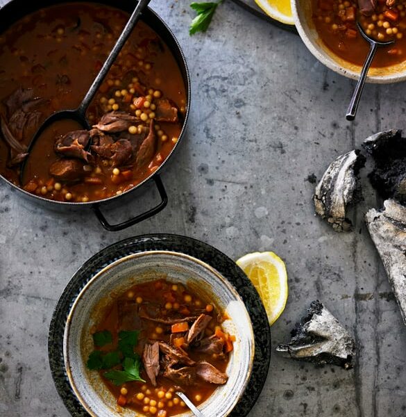 cinnamon spiced lamb soup with pearl cous cous