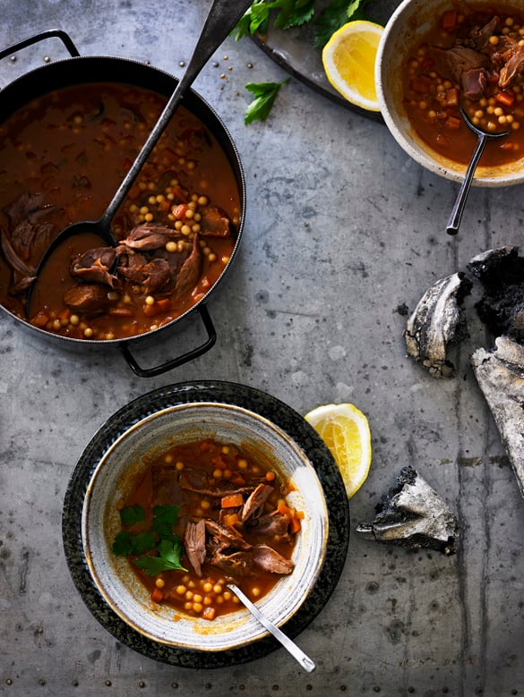 cinnamon spiced lamb soup with pearl cous cous