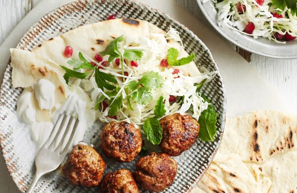 d5720 harissa lamb meatballs with cabbage and pomegranate salad