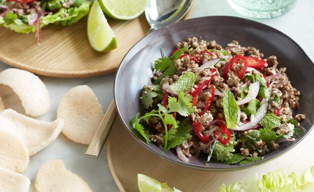 minced beef larb with roasted rice sq